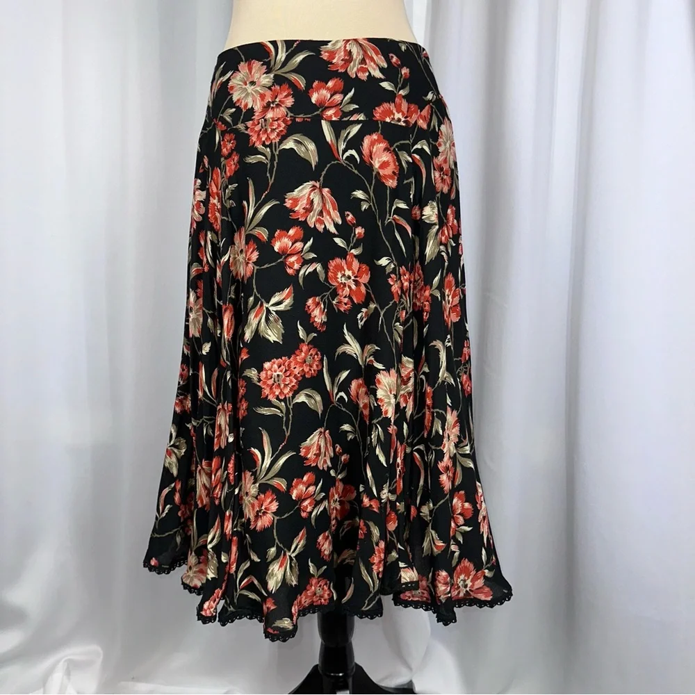 Jones New York Signature Skirt Womens 6 Black Floral A-Line Wool Blend Lined EUC